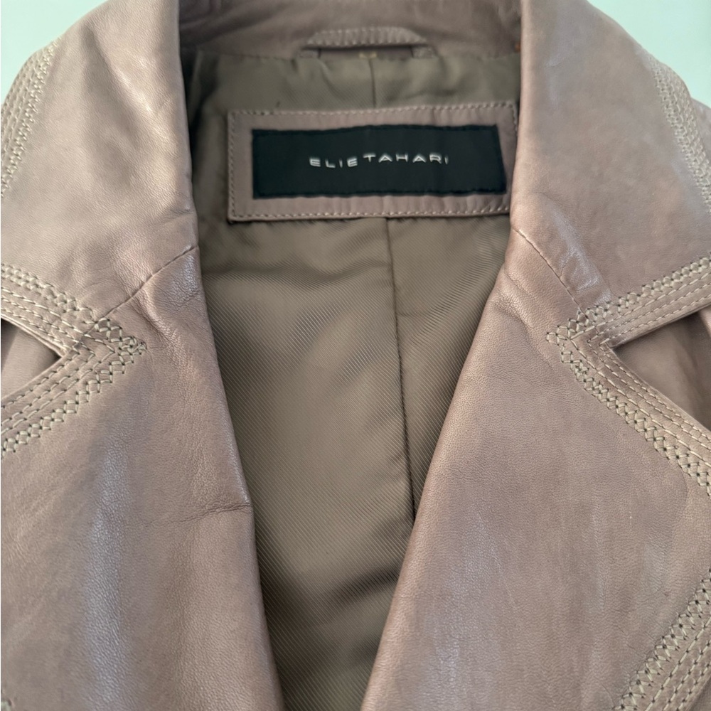 Elie Tahari Taupe Leather Blazer with Stitched Detail